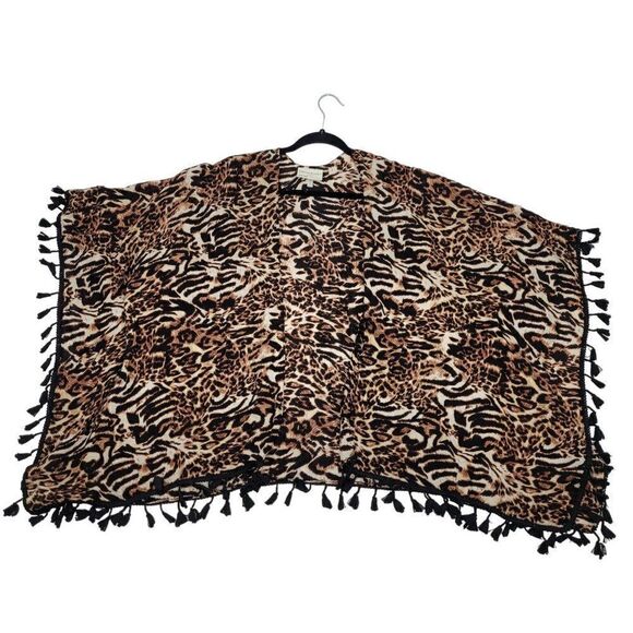 Bobbie Brooks Lightweight Kimono Cardigan One Size Brown Leopard Tassel Fringe - Picture 5 of 13